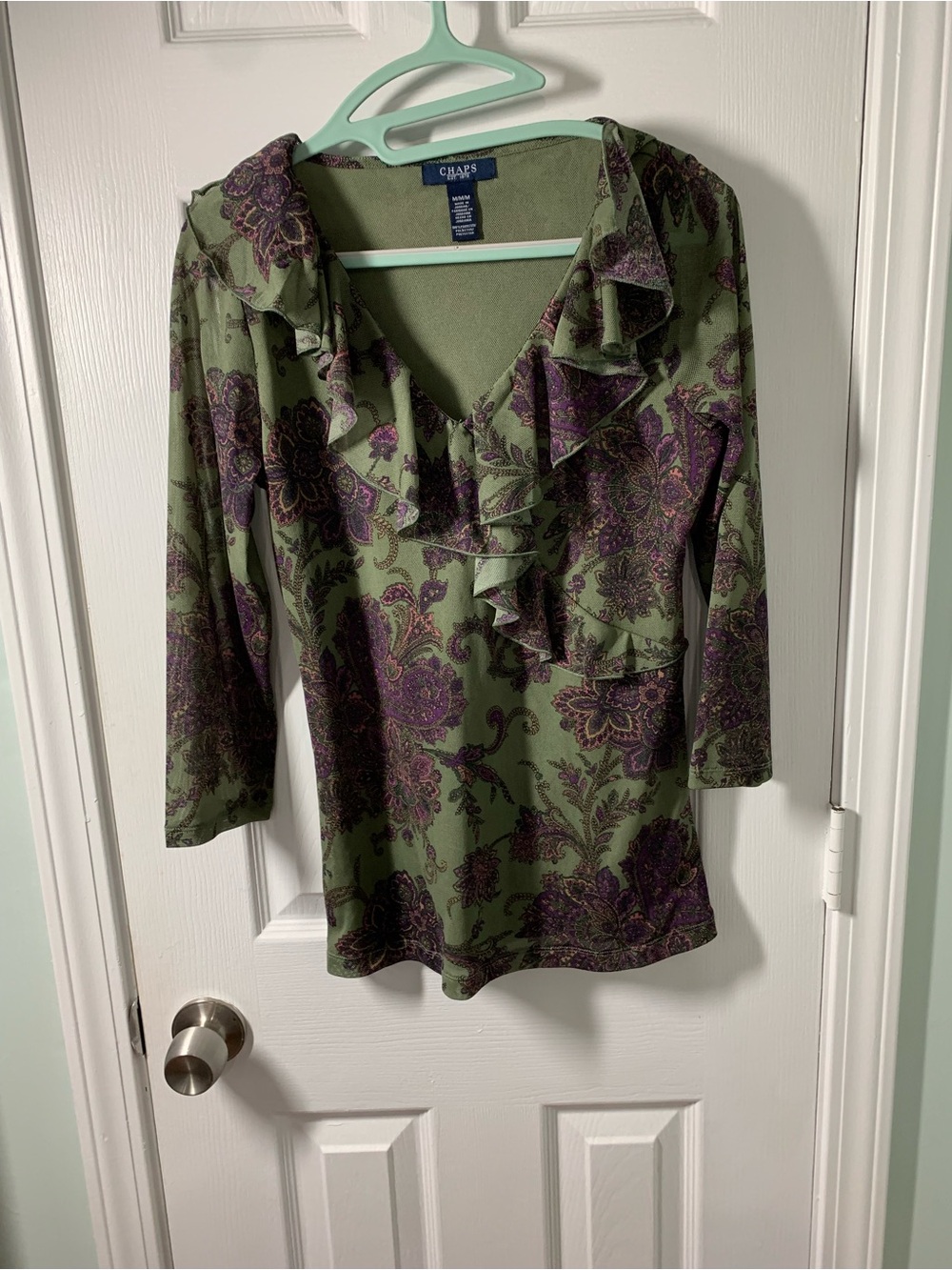 Chaps Olive and Purple Paisley Ruffle V-Neck Blouse